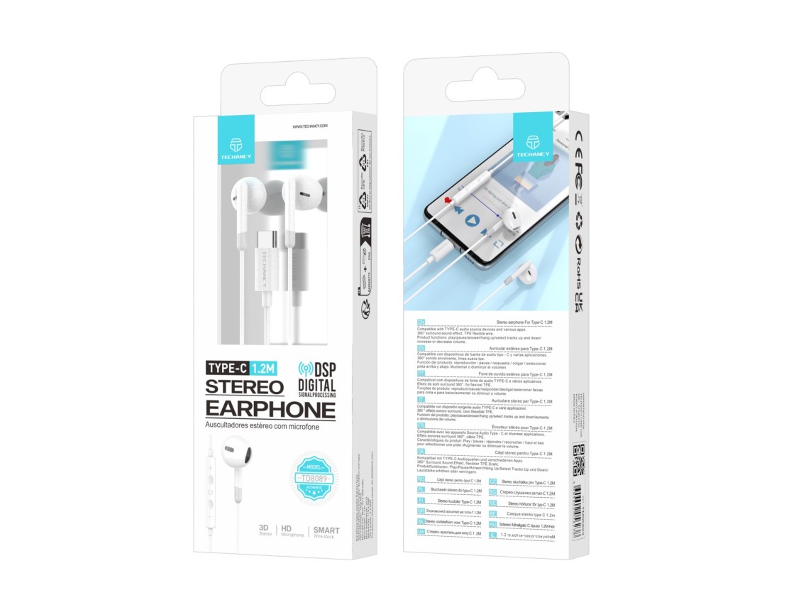 Techancy TD8089 White Stereo Music Headphones, DSP/Type-C Interface Compatible with Samsung/Huawei/X