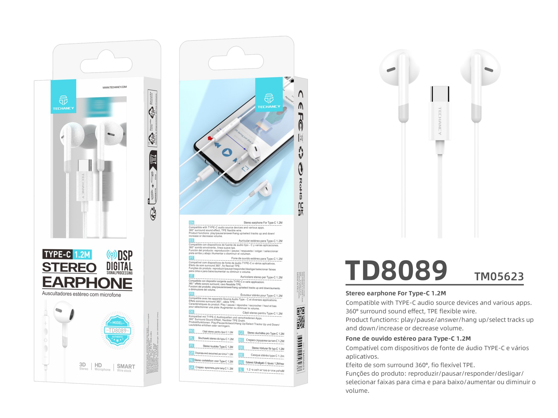 Techancy TD8089 White Stereo Music Headphones, DSP/Type-C Interface Compatible with Samsung/Huawei/X