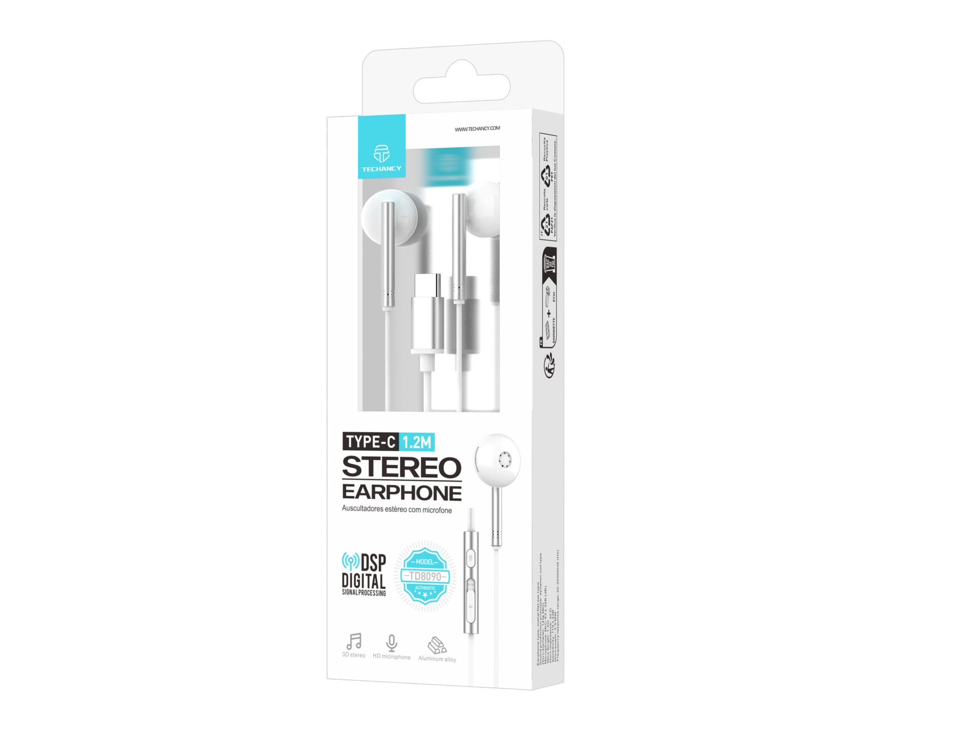 Techancy TD8090 White Metal Stereo Headphones, DSP/Type-C Port Compatible with Samsung/Huawei/Xiaomi