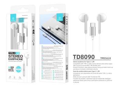 Techancy Auscultadores Est�reo Em Metal Branco TD8090, Porta Dsp/Type-C Compat�vel Com Samsung/Huawe