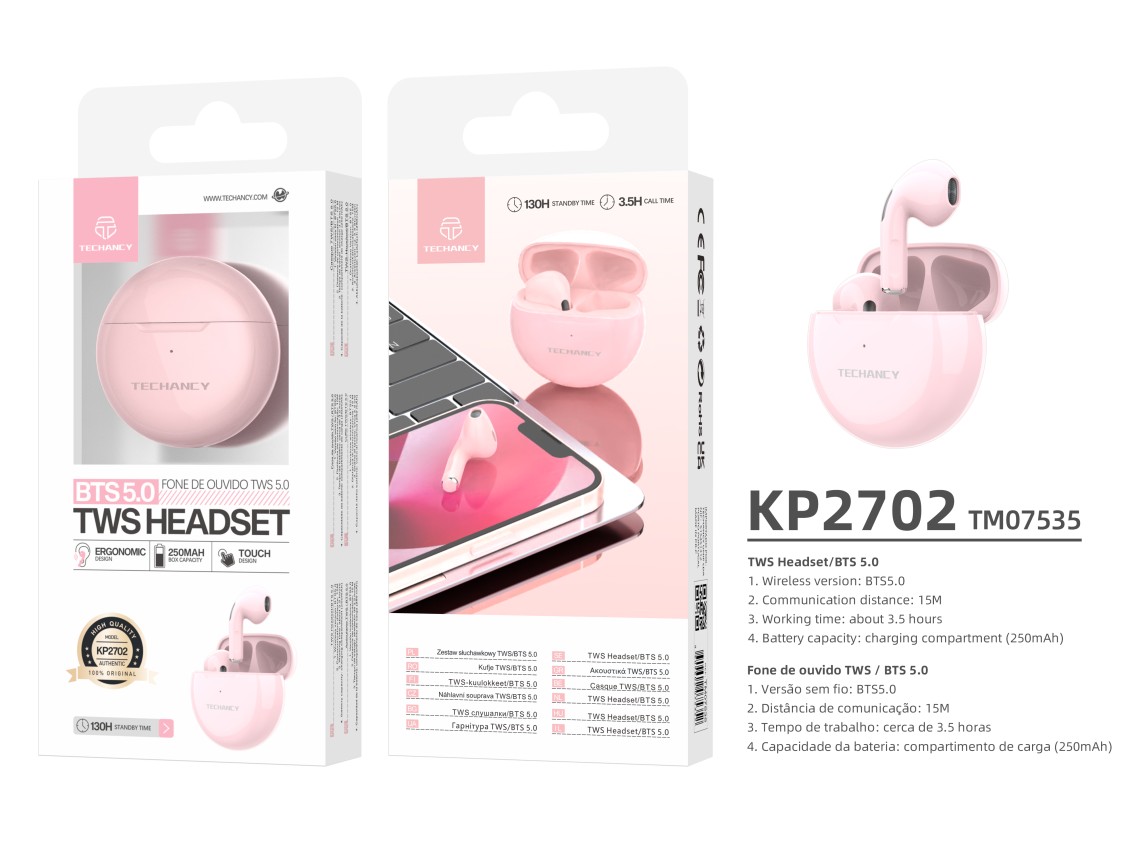 Techancy Auscultadores Sem Fios Pink KP2702, Ligação Estéreo Sem Fios De 10 M, Reprodução De Música