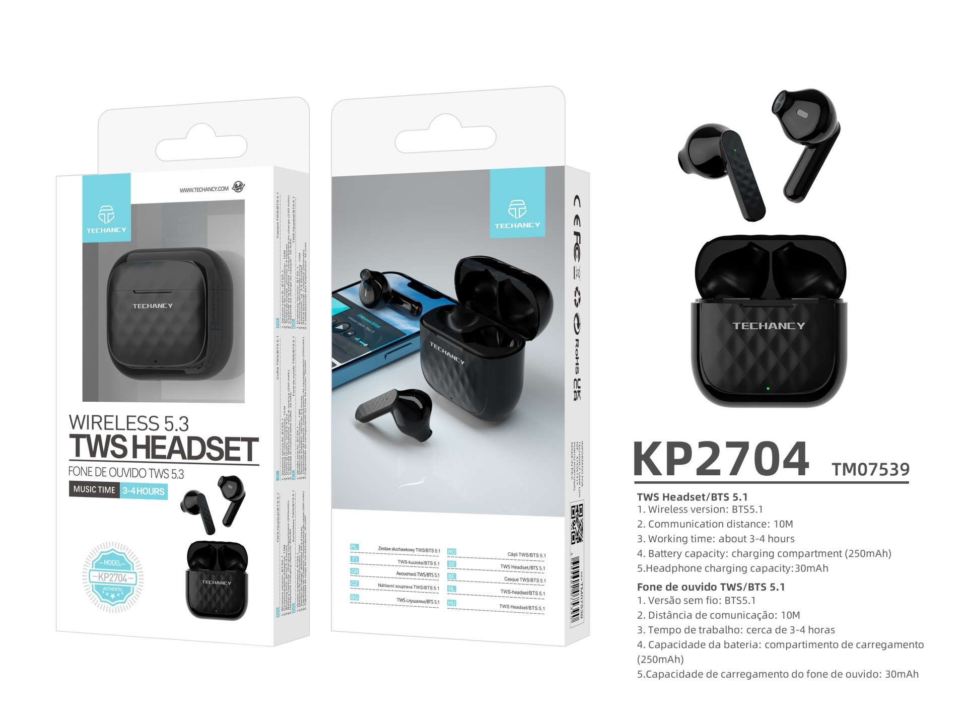 Techancy KP2704 Black Wireless Headphones, 10M Wireless Stereo Connection, 3-4 Hours Music Playback