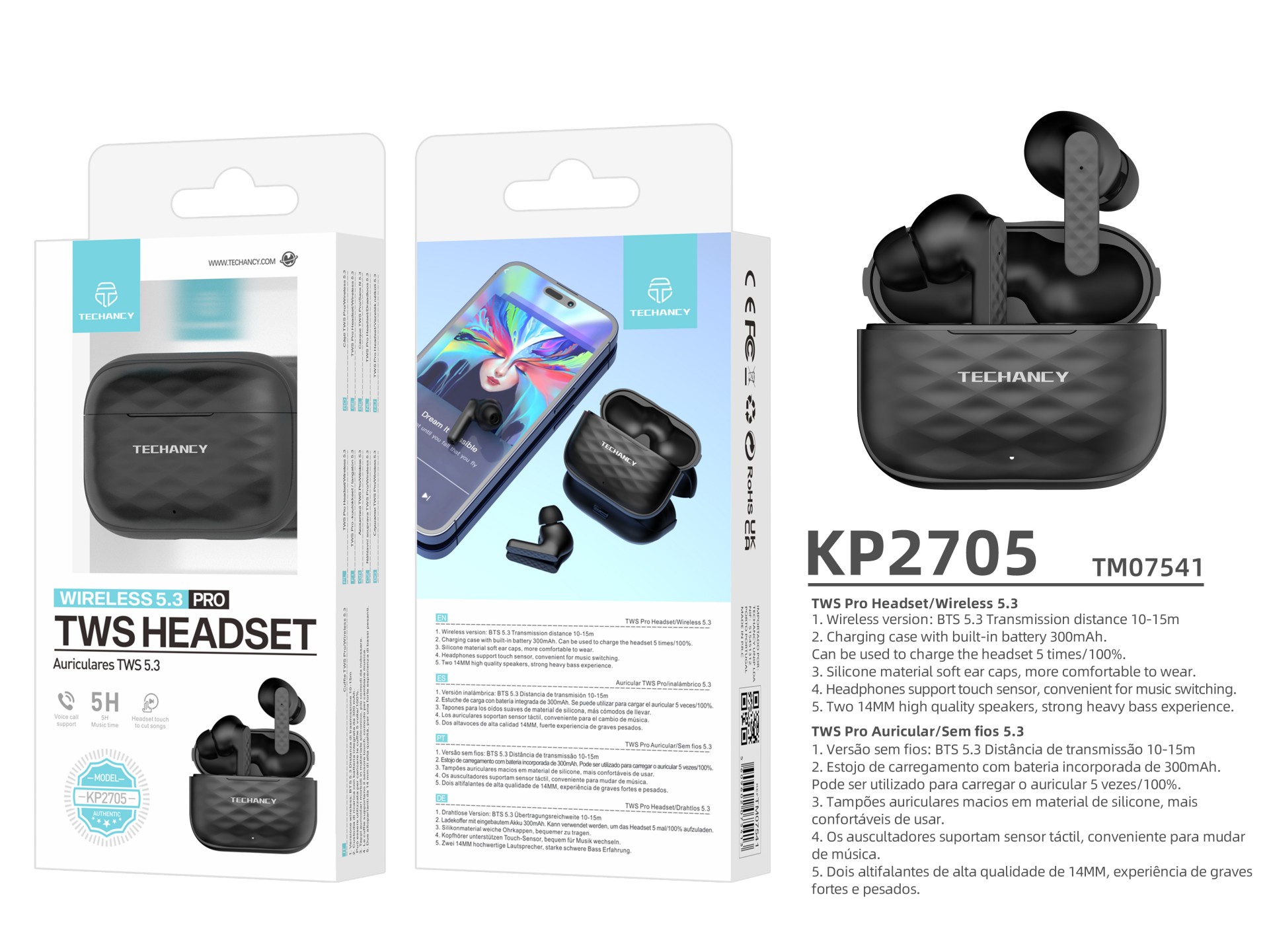 Techancy Auscultadores Sem Fios Pretos, KP2705, Ligação Estéreo Sem Fios De 10 M, Reprodução De Músi