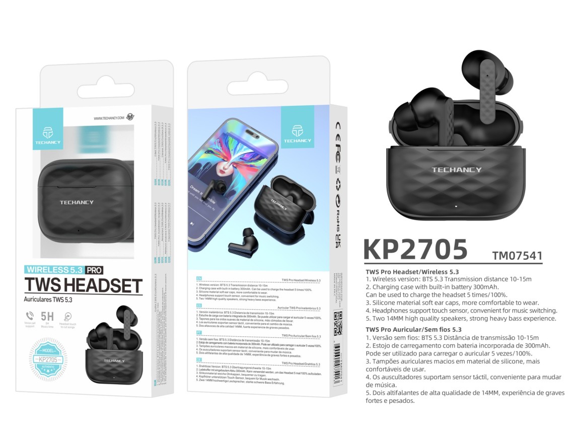 Techancy Auscultadores Sem Fios Pretos, KP2705, Ligação Estéreo Sem Fios De 10 M, Reprodução De Músi