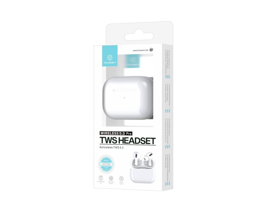 Techancy TWS Wireless Headset Pro White KP2708, Bluetooth 5.3, Stereo Headset with Talk Time, 5h Mus