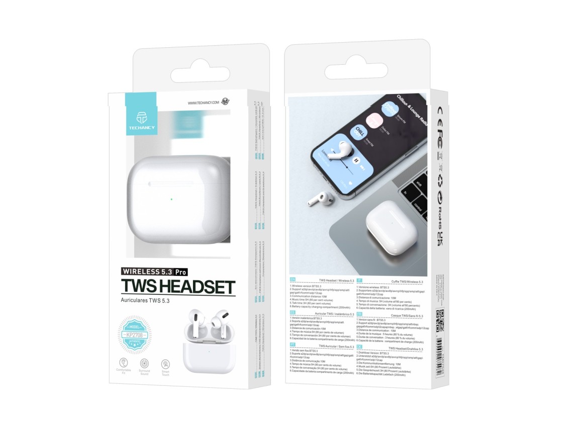 Techancy TWS Wireless Headset Pro White KP2708, Bluetooth 5.3, Stereo Headset with Talk Time, 5h Mus