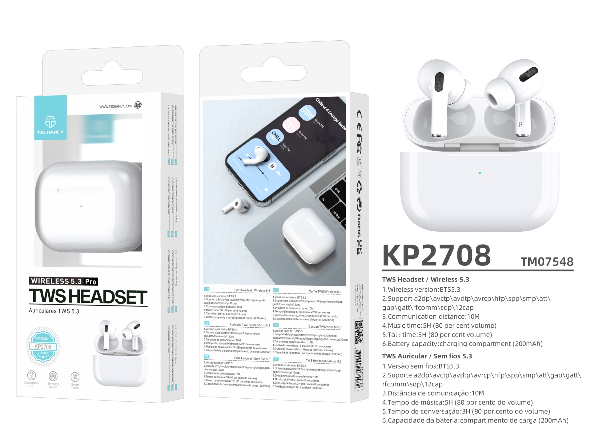 Techancy TWS Wireless Headset Pro White KP2708, Bluetooth 5.3, Stereo Headset with Talk Time, 5h Mus