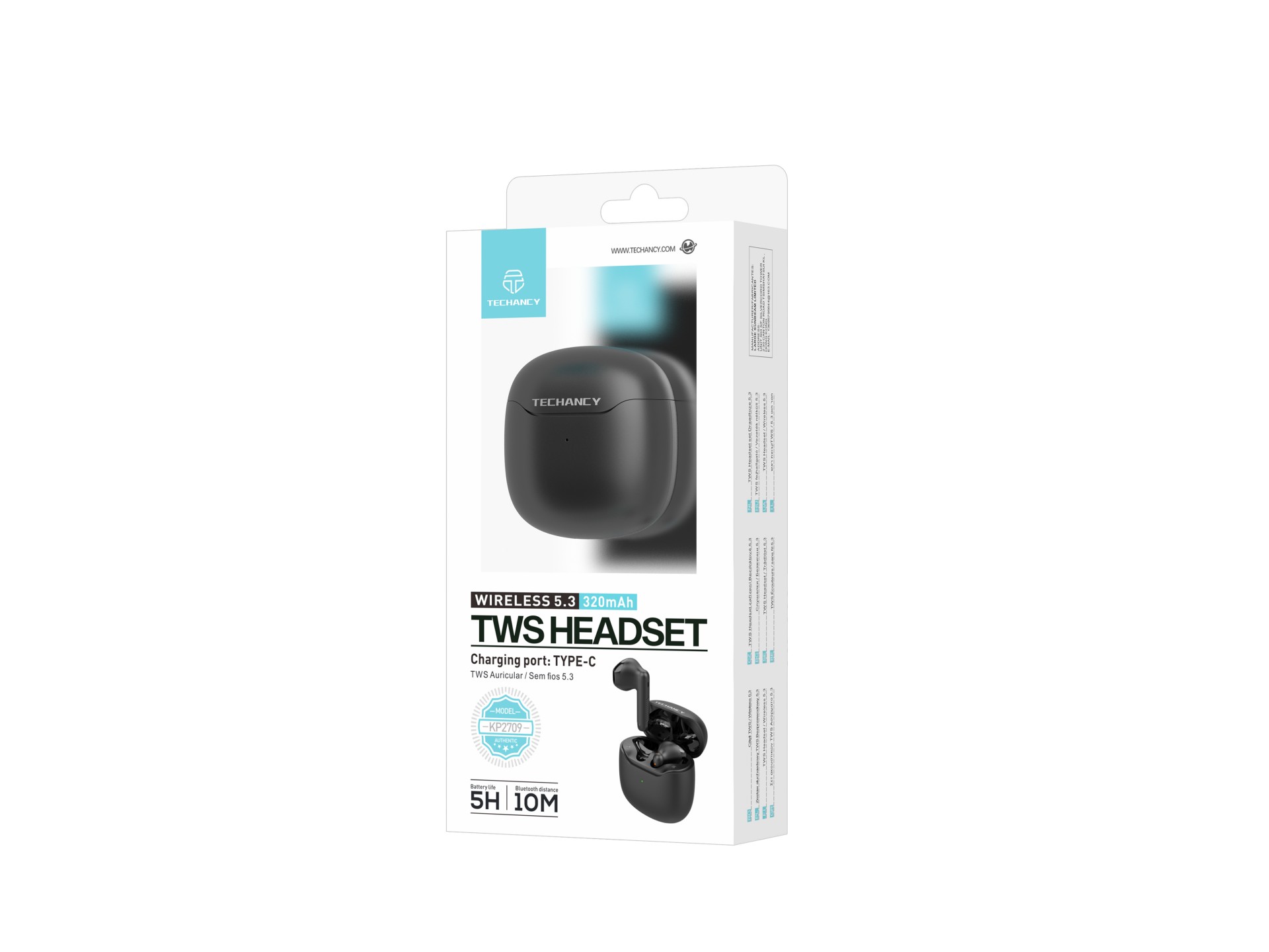 Techancy Auricular TWS KP2709 Sem Fios 5.3 Bluetooth Porta Type C Distancia de 10m 5h de Musica Esto