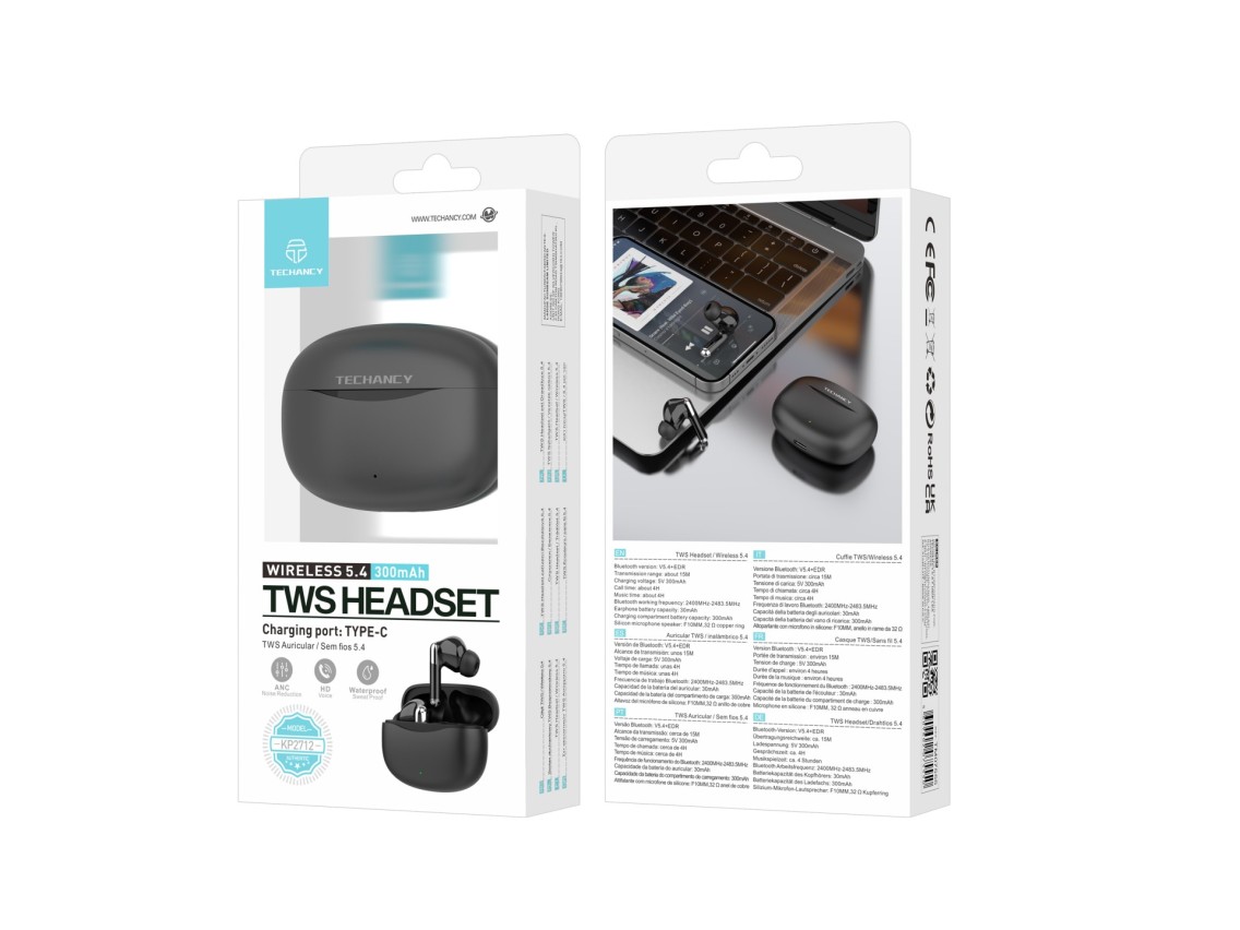 Techancy KP2712 TWS Wireless 5.4 Bluetooth Headset Type C Port 15m Distance 4h Talk Music Charging C