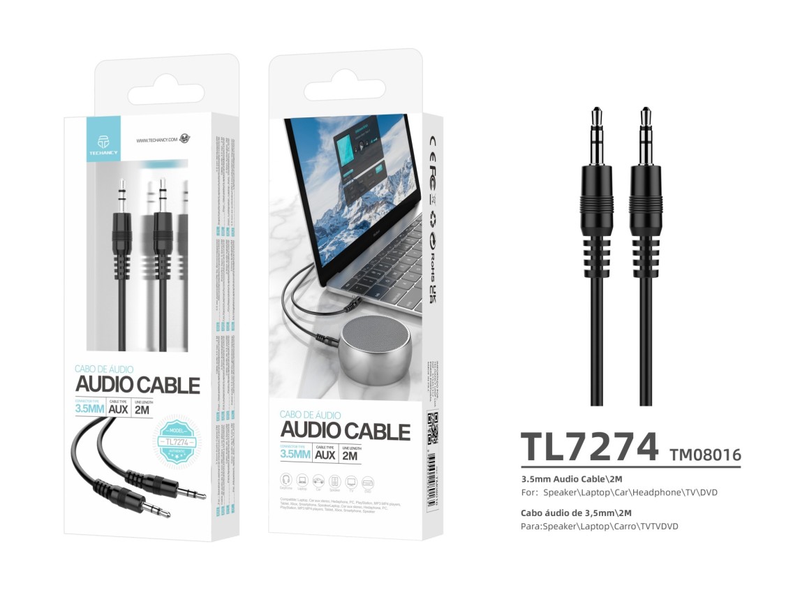 Cable de audio Techancy de 3,5 mm, negro TL7274, 2 metros, para altavoces, ordenadores, coches, auri