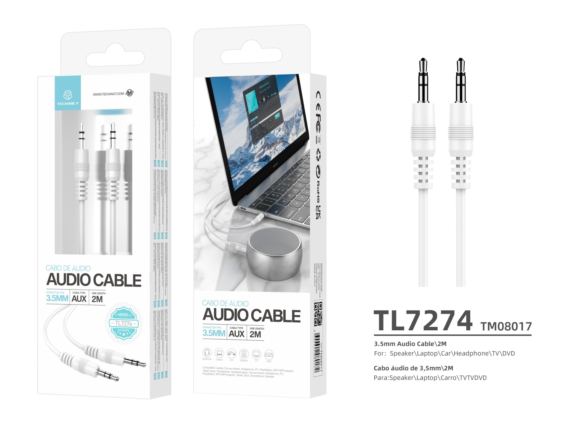 Cable de audio Techancy de 3,5 mm, blanco TL7274, 2 metros, para altavoces, ordenadores, coches, aur