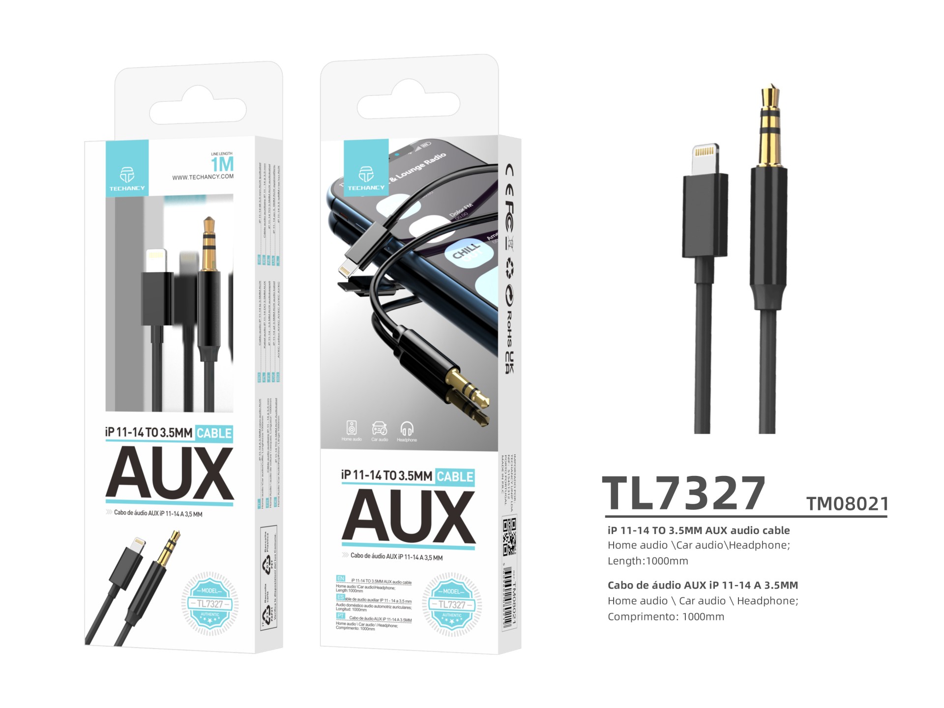 Cable Lightning a AUX de 3,5 mm Techancy TL7327, longitud de 1 m, ideal para audio de coche, audio d