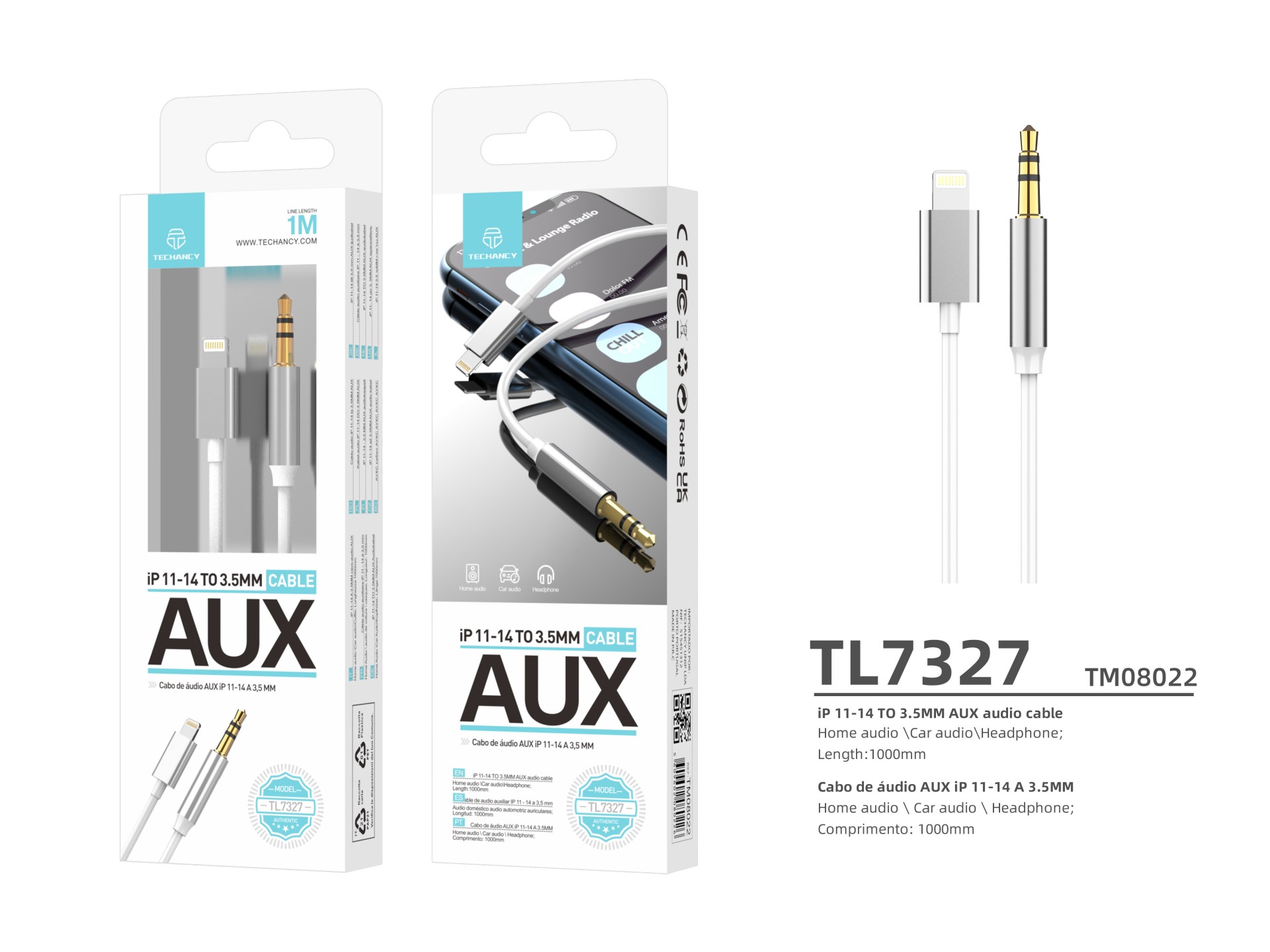 Techancy Audio Cable, Lightning to 3.5mm Connector TL7327, 1m, Connects to Car, Headphones, Etc., Hi