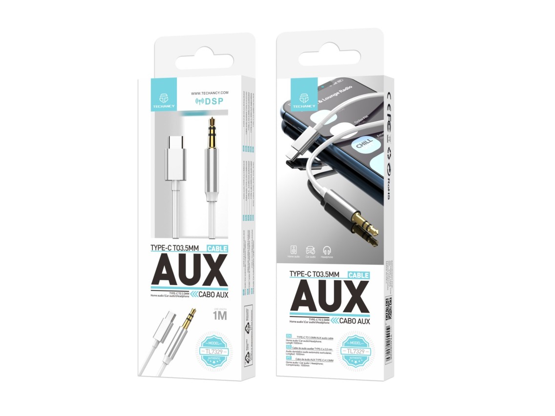 Techancy Cabo De Áudio Aux TL7329, Tipo-C Para 3.5mm, 1m, Para Áudio Automotivo E Fones, Som De Qual