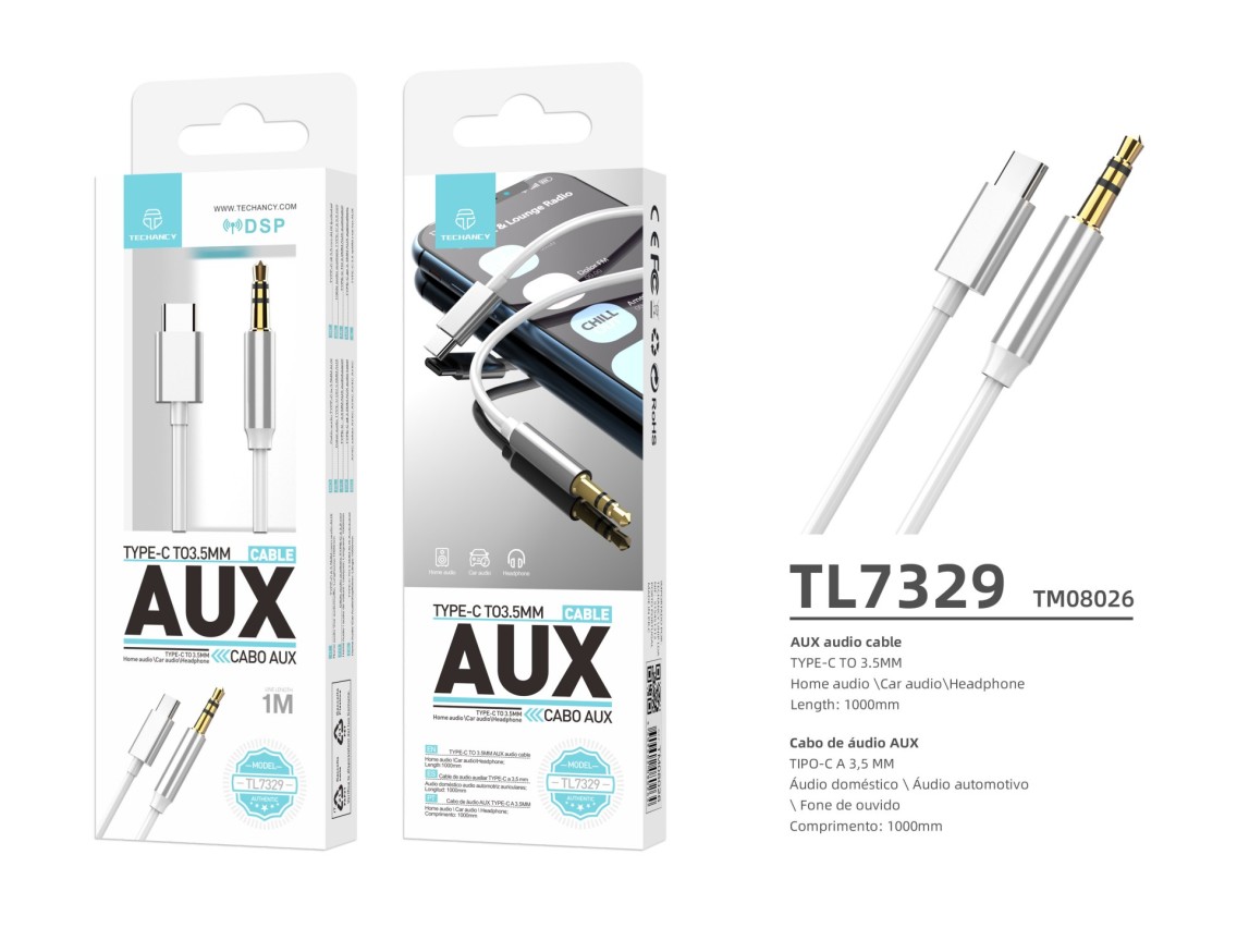 Techancy Cabo De Áudio Aux TL7329, Tipo-C Para 3.5mm, 1m, Para Áudio Automotivo E Fones, Som De Qual