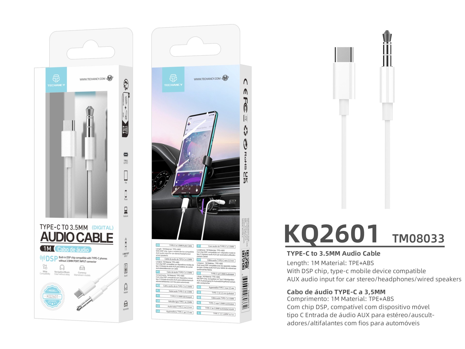 Techancy KQ2601 Audio Cable, Compatible with Type-C to 3.5mm Connector, 1m, Stable and Reliable. Cle