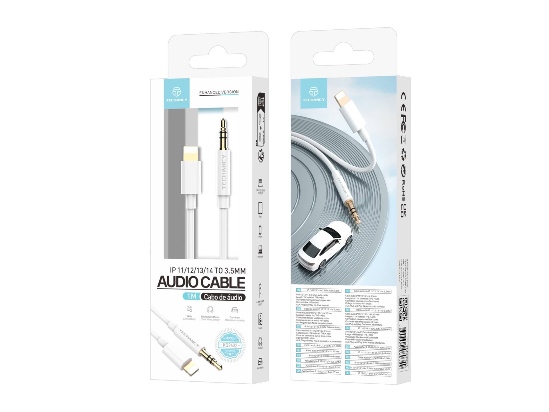 Techancy KQ2602 Automotive Aux Audio Cable, Iph8/X/11-14 to 3.5mm, 1 Meter, Hifi Sound Quality, Whit