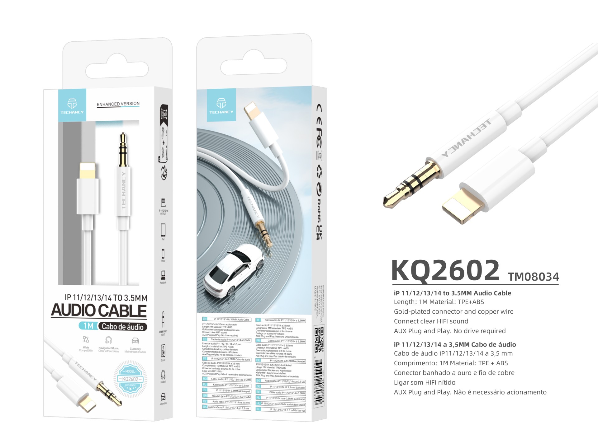 Techancy KQ2602 Automotive Aux Audio Cable, Iph8/X/11-14 to 3.5mm, 1 Meter, Hifi Sound Quality, Whit