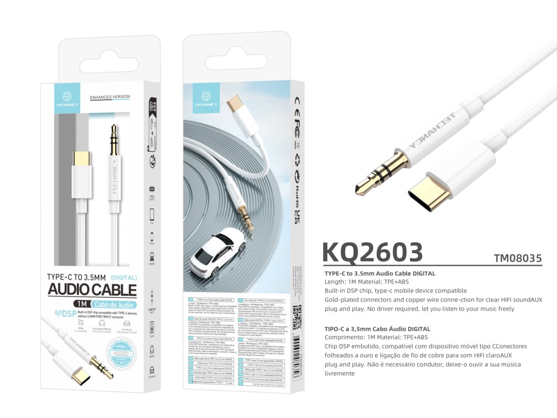Techancy Automotive Aux Audio Cable KQ2602, Type-C to 3.5mm, 1 Meter, Hifi Sound Quality, White