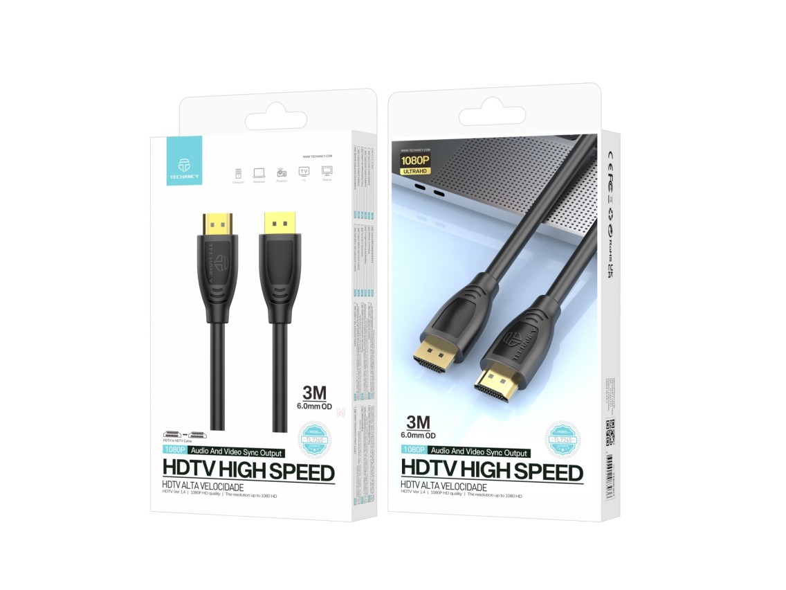 Techancy High Speed HDTV Cable TL7265, 3m, 1080p HD Screen for Televisions, Computers, Projectors an