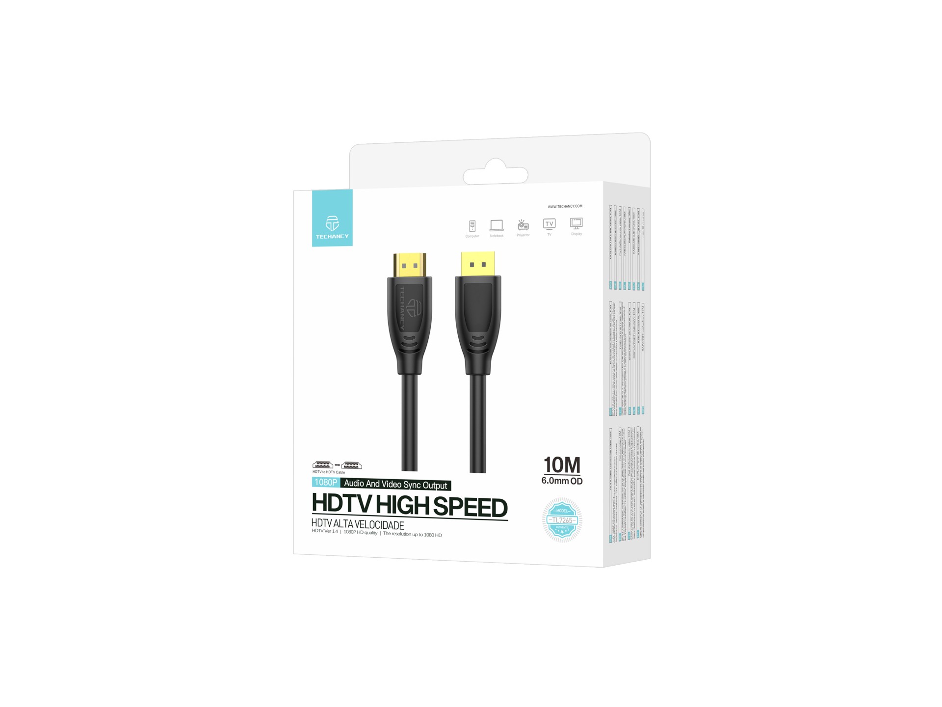 Techancy High Speed HDTV Cable TL7265, 10m, 1080p HD Screen for Televisions, Computers, Projectors a