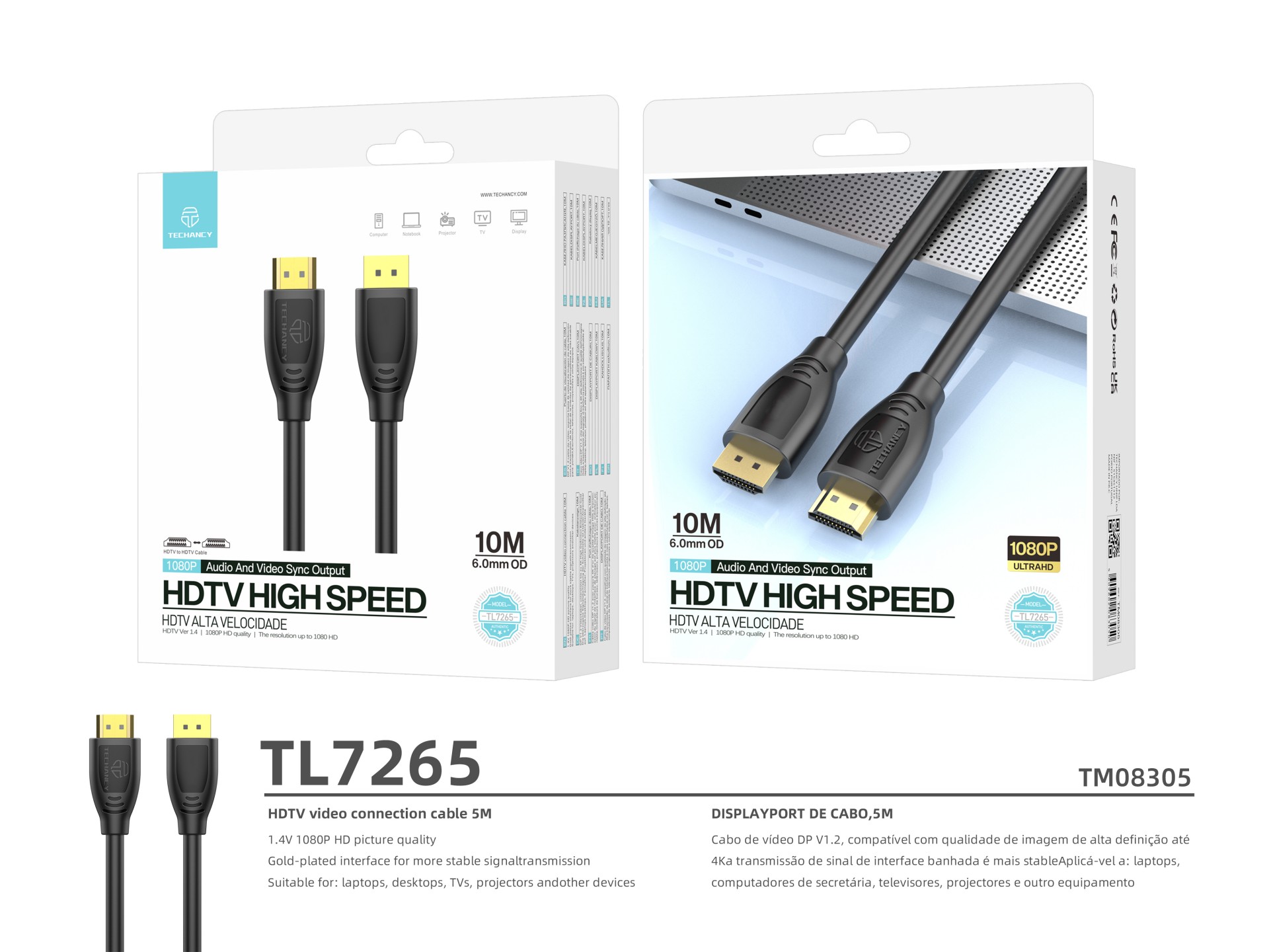 Techancy High Speed HDTV Cable TL7265, 10m, 1080p HD Screen for Televisions, Computers, Projectors a