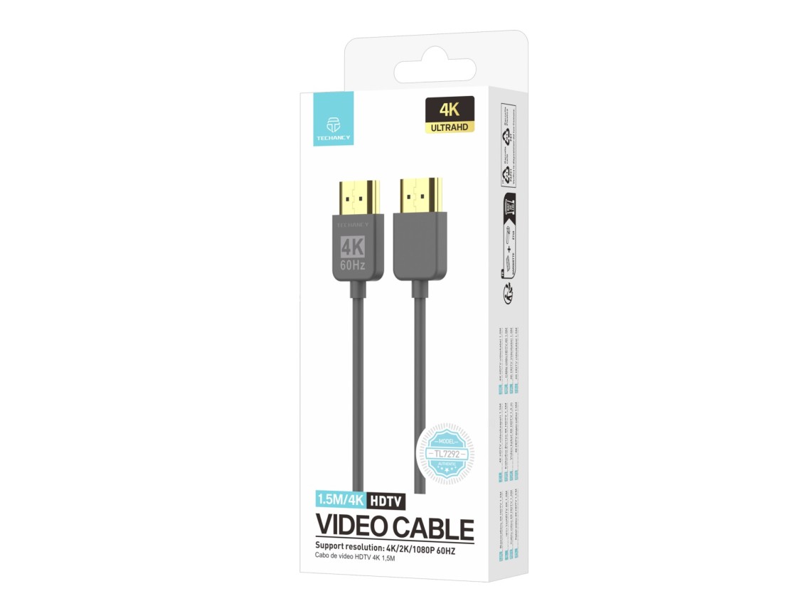 Cable de video HDMI 4K Techancy TL7292, 1,5 m, gris, compatible con 4K a 60 Hz, ideal para computado