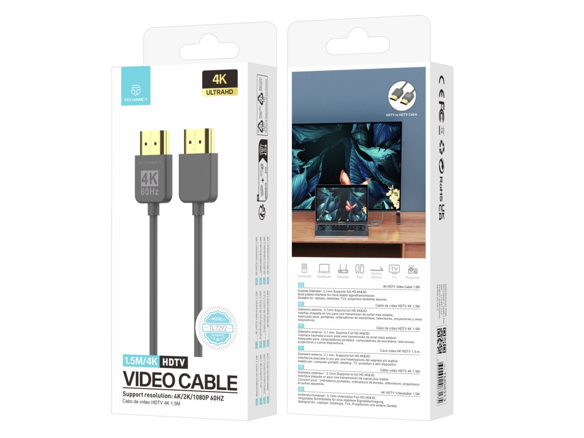 Cable de video HDMI 4K Techancy TL7292, 1,5 m, gris, compatible con 4K a 60 Hz, ideal para computado