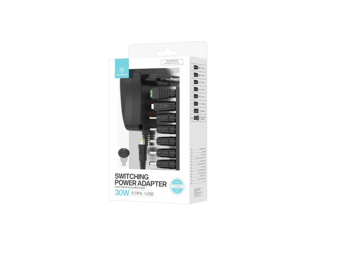 Techancy TL7342 30W Switchable Power Adapter with Adjustable Voltage DC 3-12V, 8 Pins, 1 USB, Short 
