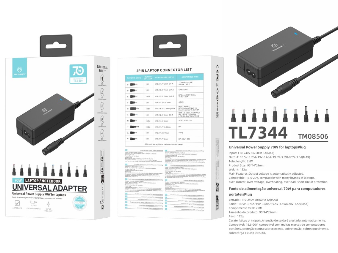 Techancy  Adaptador de energia universal TL7344 para laptops, com pot�ncia de 70W, 10 conectores e p