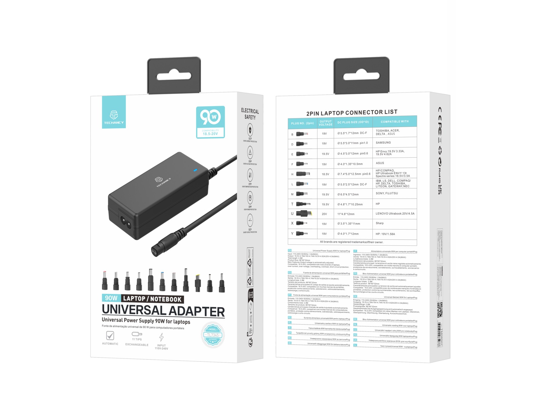 Techancy Adaptador de energia universal TL7344 para laptops, com potência de 90W, 11 conectores e p