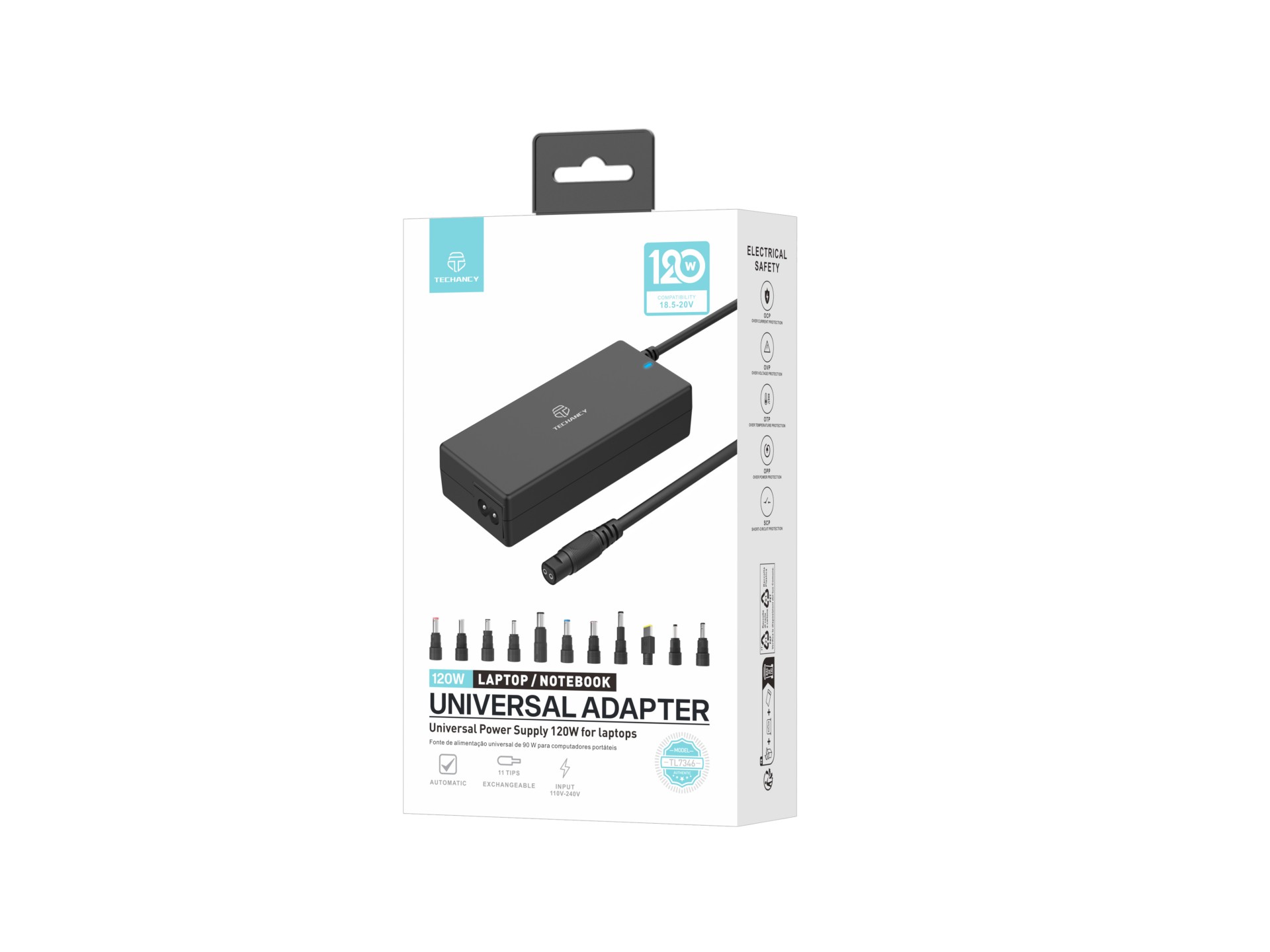 Techancy TL7344 Universal Power Adapter for Laptops, with 120W Power, 11 Connectors and Overcurrent