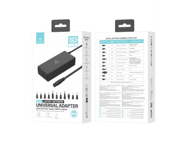 Techancy TL7344 Universal Power Adapter for laptops, with 120W power, 11 connectors, and overcurrent