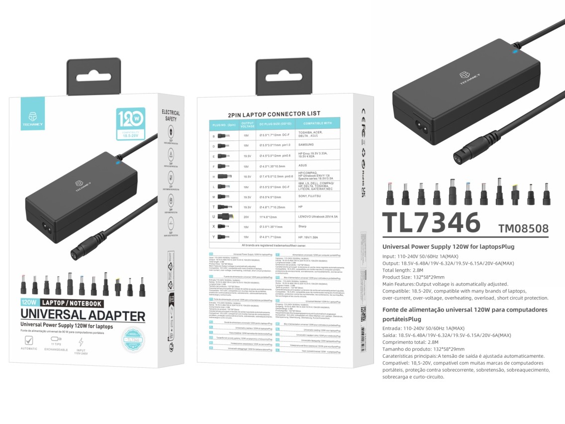 Techancy TL7344 Universal Power Adapter for laptops, with 120W power, 11 connectors, and overcurrent