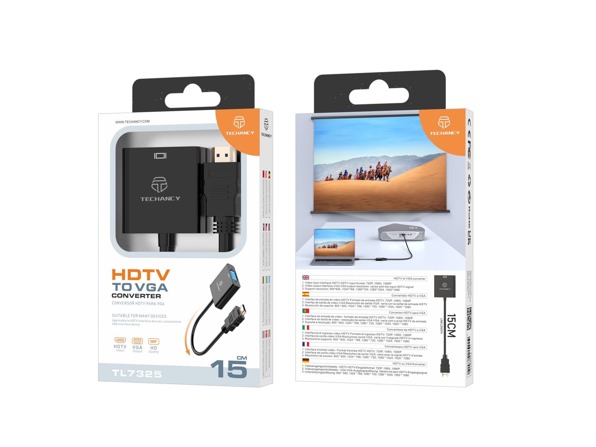 Techancy TL7325 HD Video Converter, HDMI to VGA Interface, Supports 1080p HD Resolution, Black