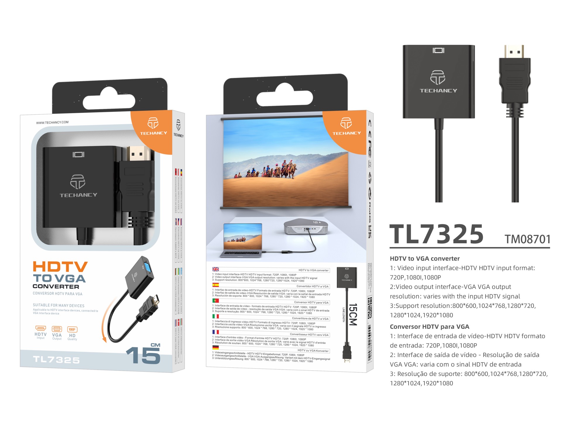 Techancy TL7325 HD Video Converter, HDMI to VGA Interface, Supports 1080p HD Resolution, Black