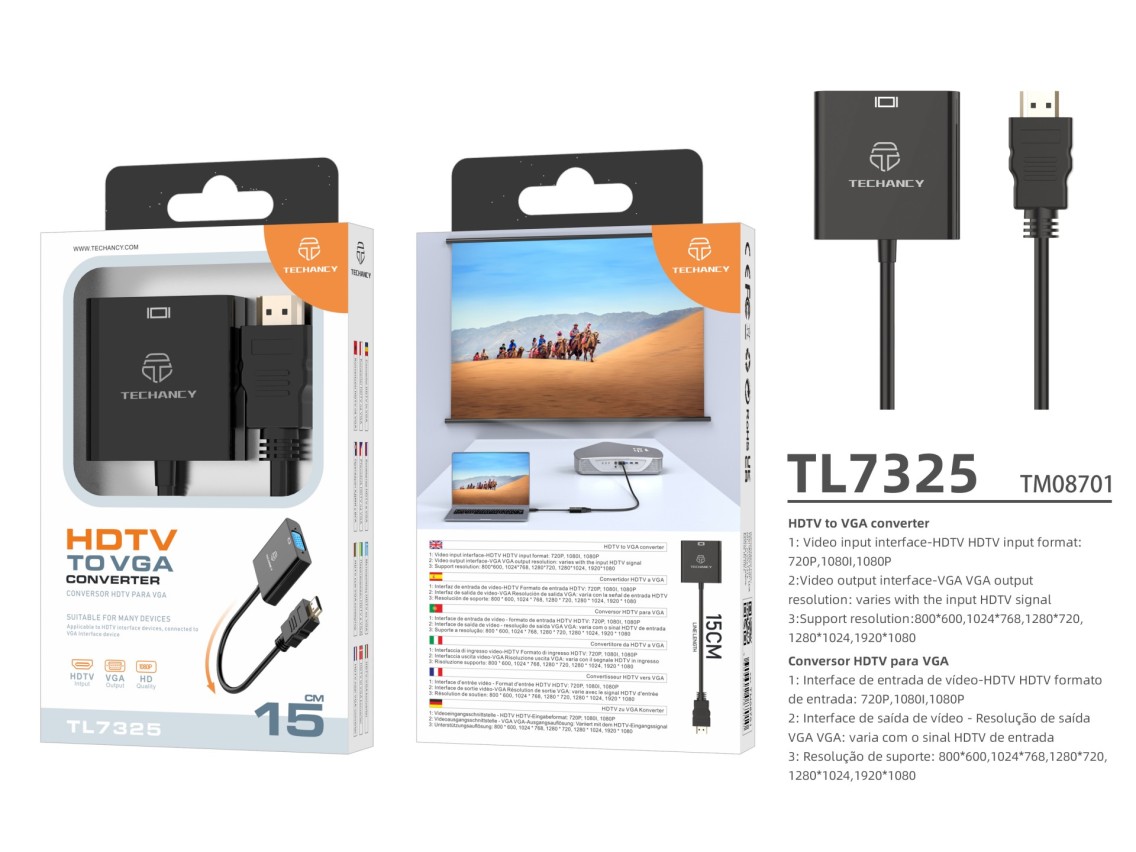 Techancy Conversor De Vídeo Hd TL7325, Interface Hdmi Para Vga, Suporta Resolução Hd 1080p, Preto