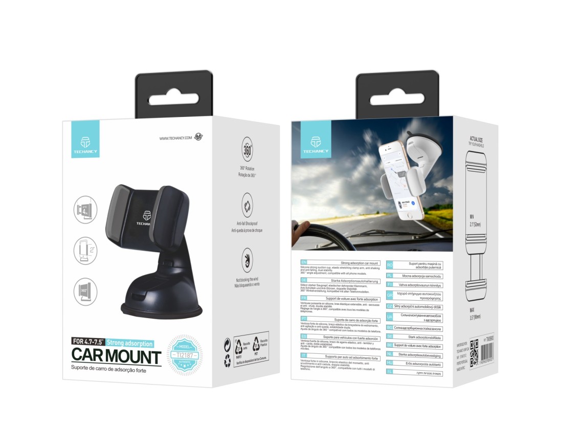 Techancy Suporte Para Telemóvel Para Automóvel Preto Ti2187, Ventosa Potente Em Silicone, Braço Elás