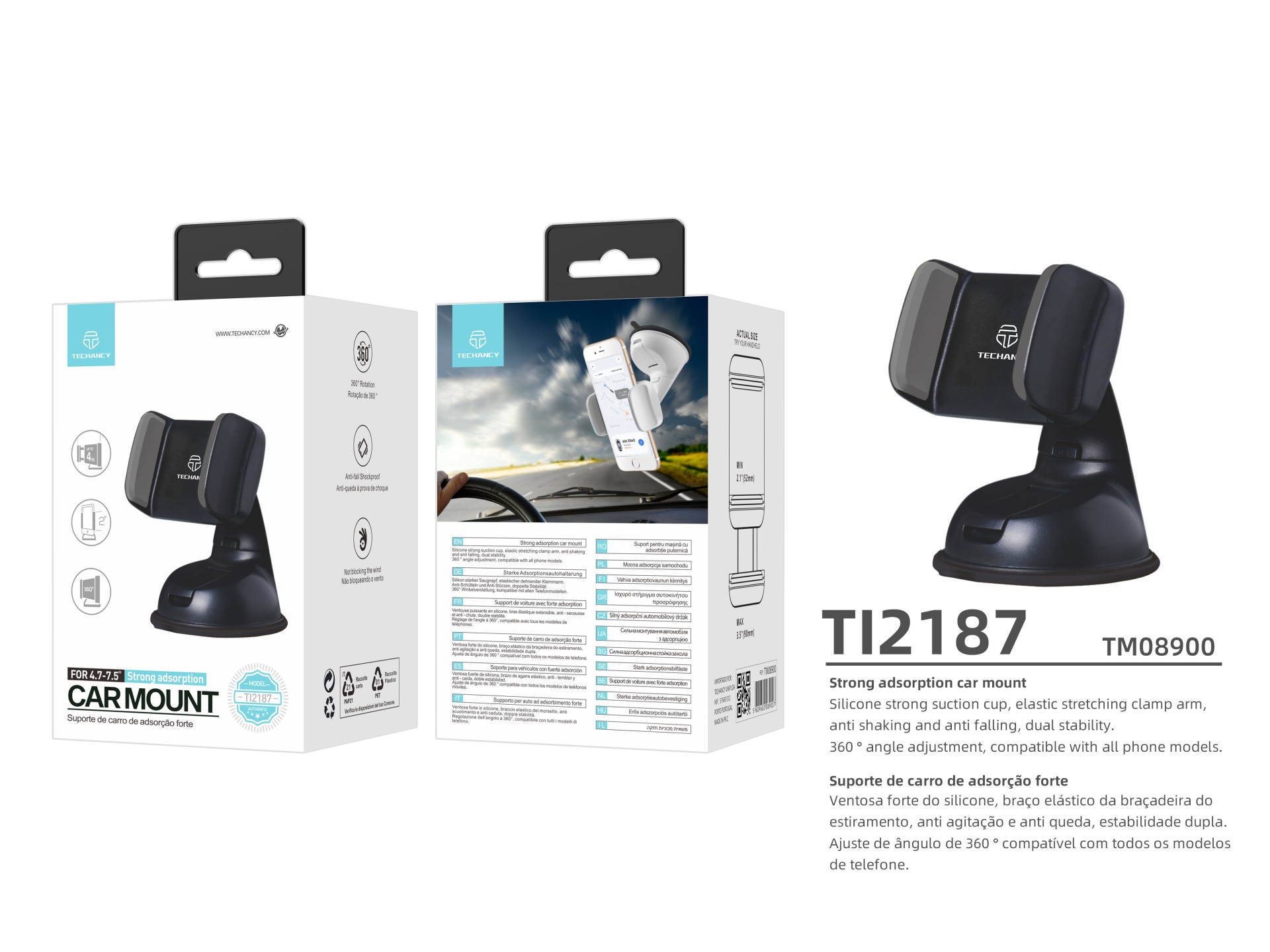 Techancy Suporte Para Telemóvel Para Automóvel Preto Ti2187, Ventosa Potente Em Silicone, Braço Elás
