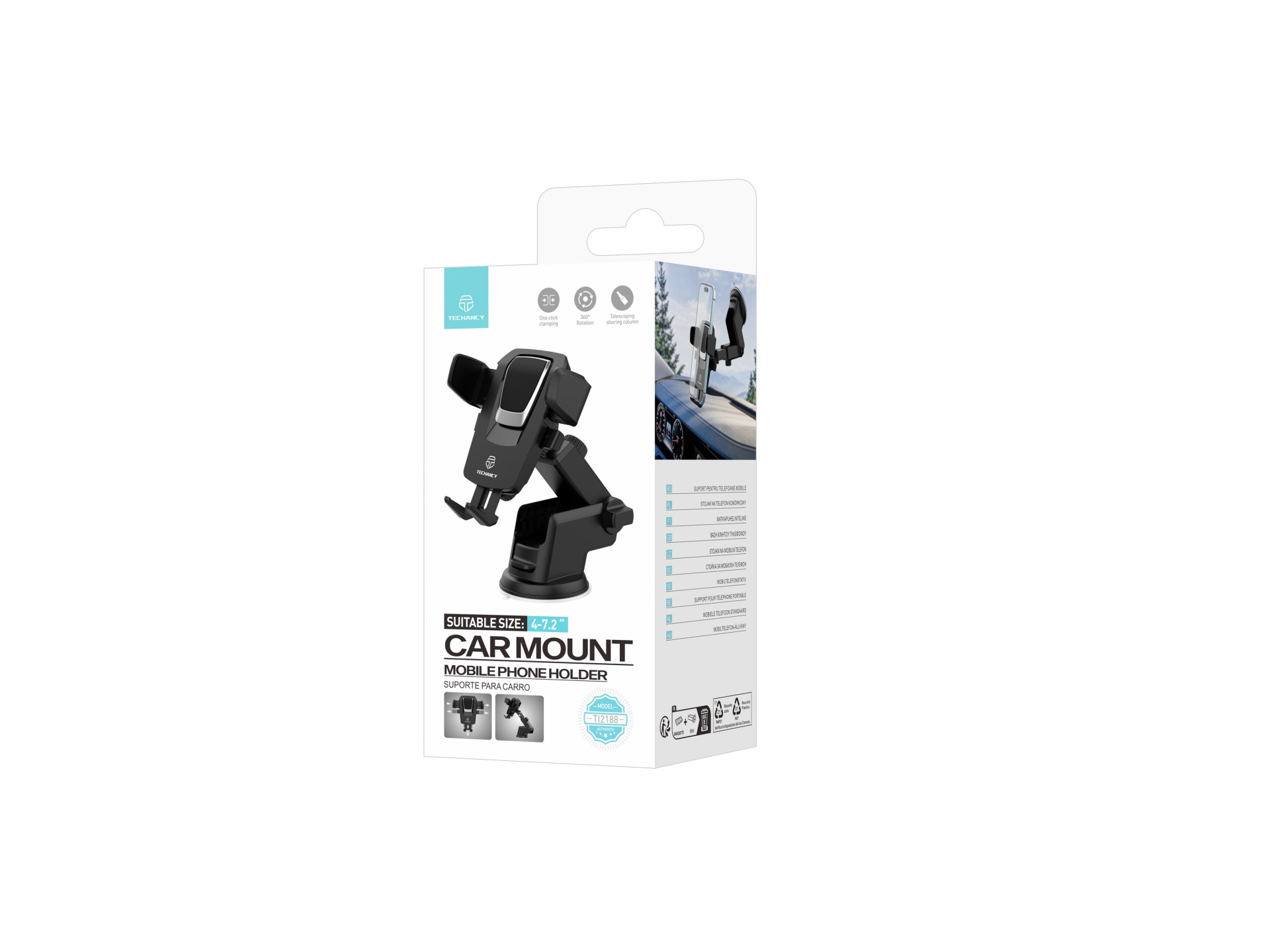 Techancy Suporte Para Telemóvel Com Ventosa Para Automóvel Preto/Prata Ti2188, Bloqueio Com Um Toque