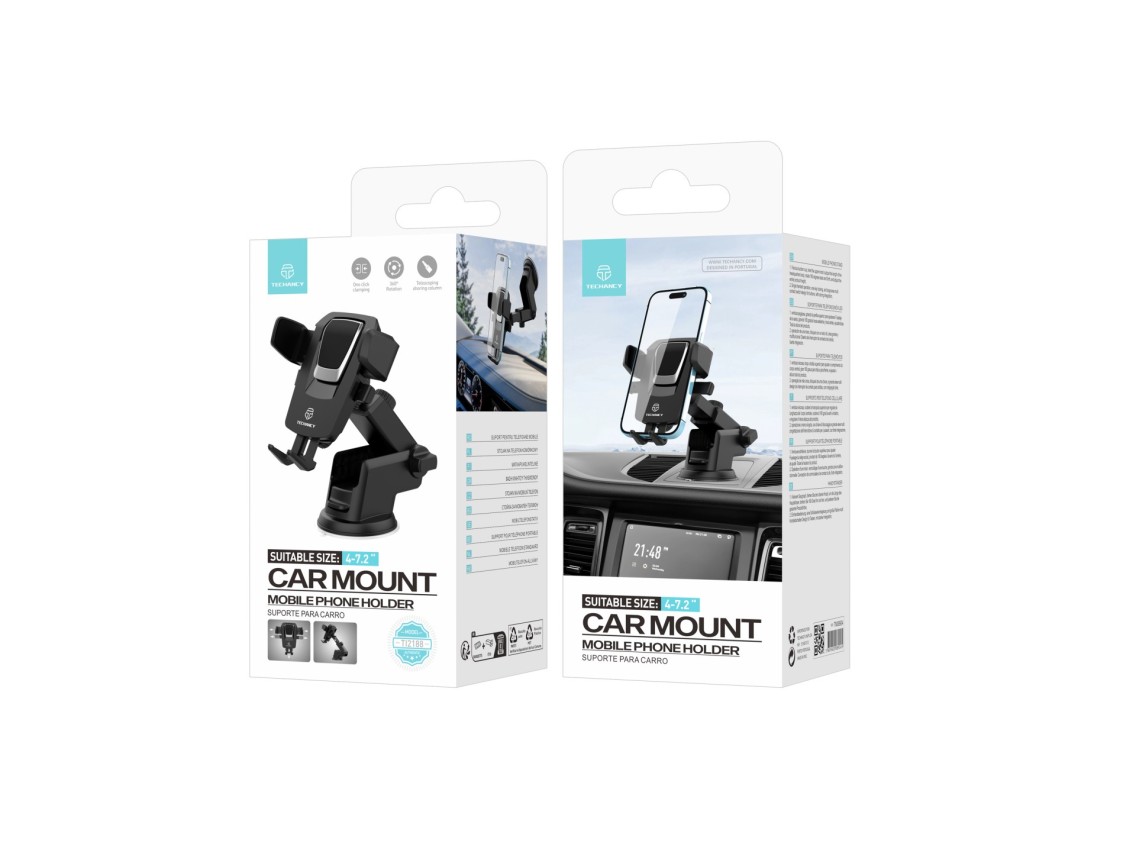 Techancy Suporte Para Telemóvel Com Ventosa Para Automóvel Preto/Prata Ti2188, Bloqueio Com Um Toque