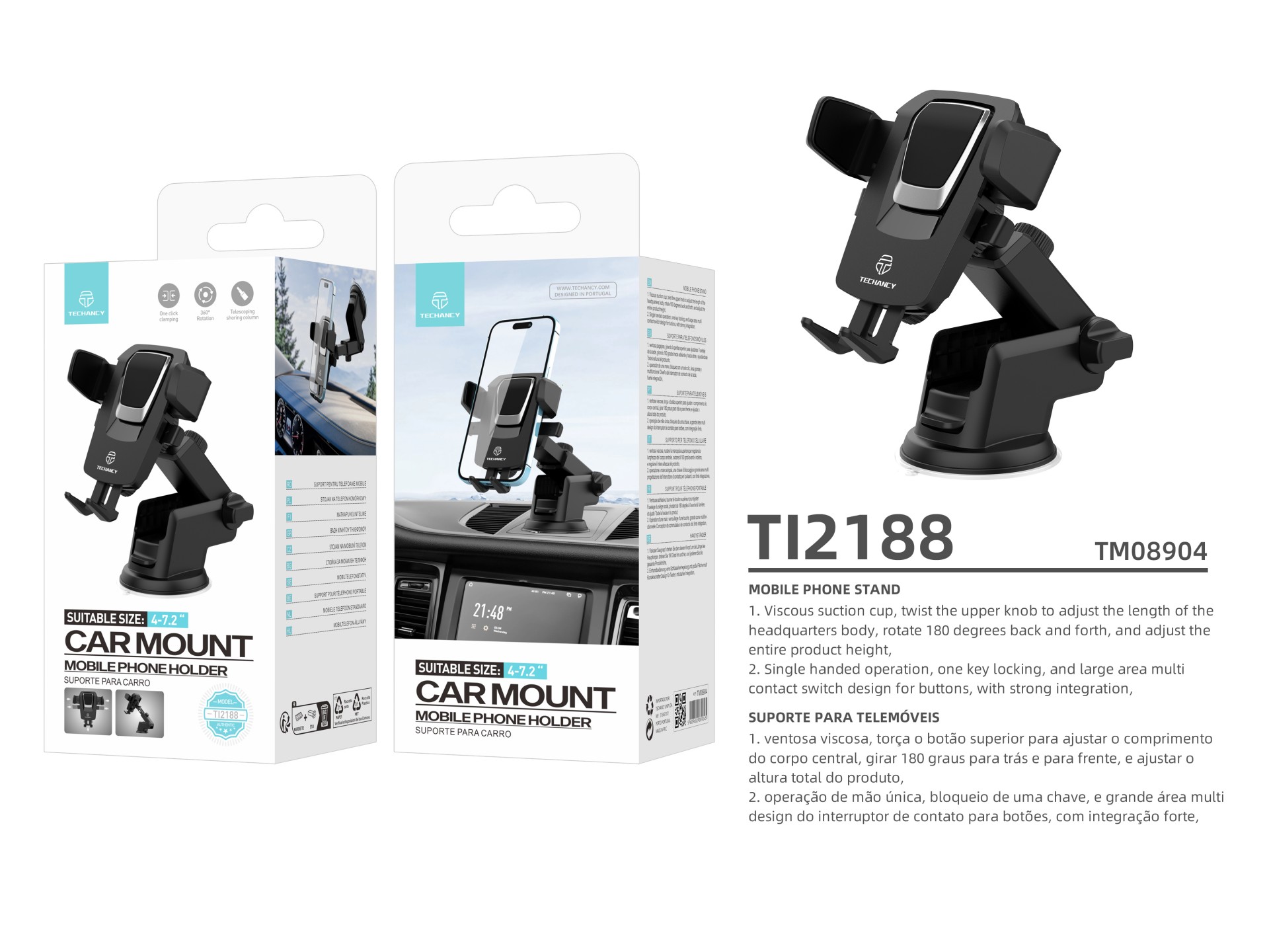 Techancy Suporte Para Telemóvel Com Ventosa Para Automóvel Preto/Prata Ti2188, Bloqueio Com Um Toque