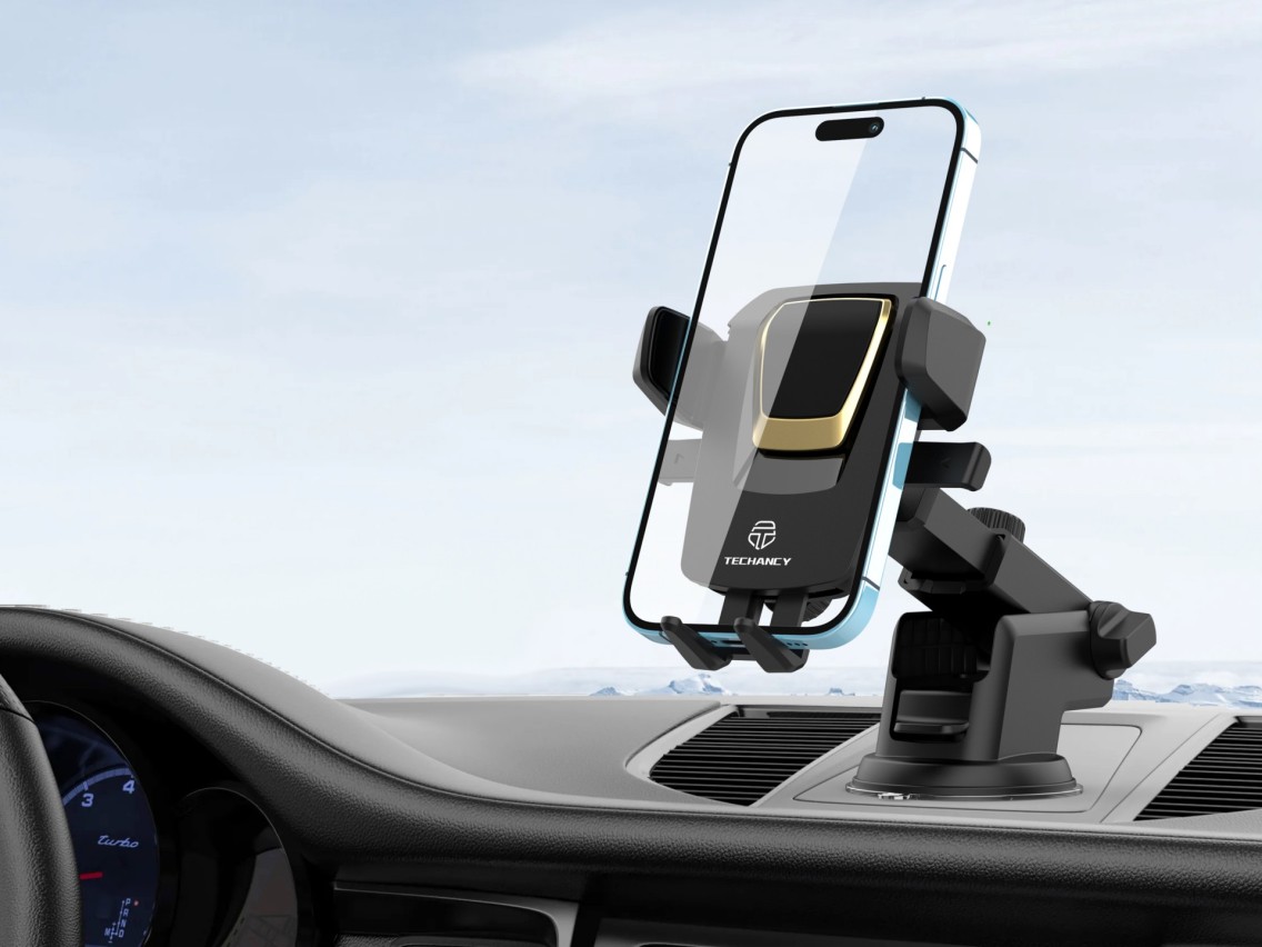 Techancy Suporte Para Telemóvel Com Ventosa Para Automóvel Preto/Dourado Ti2188, Bloqueio Com Um Toq