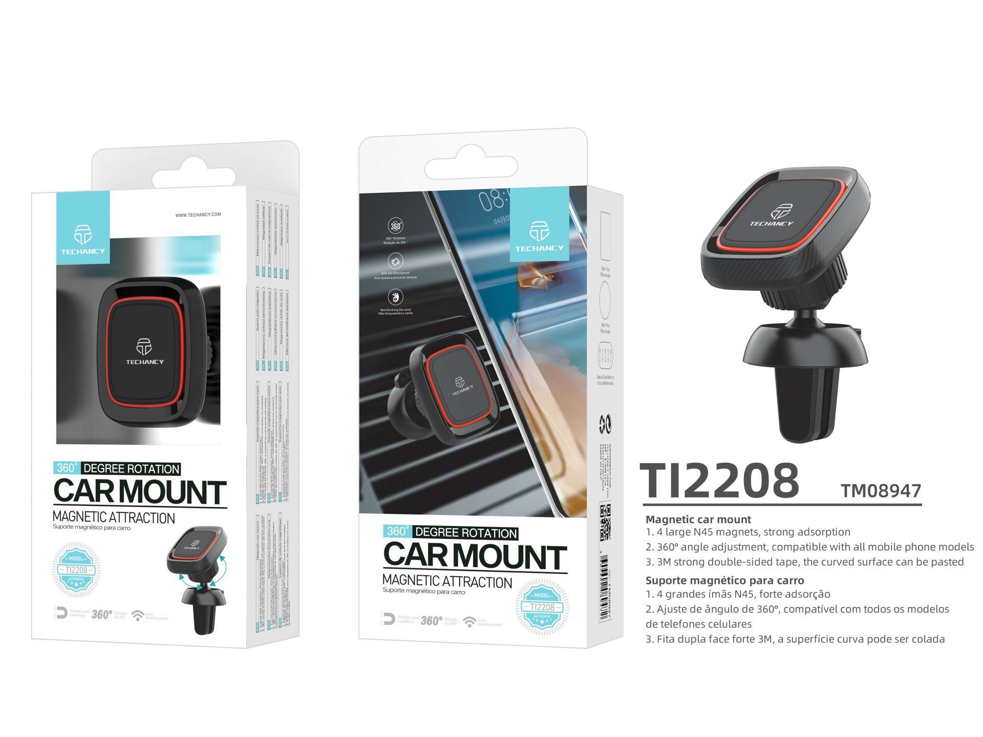 Techancy TI2208 Magnetic Car Phone Holder, Strong Grip, Air Vent Mount