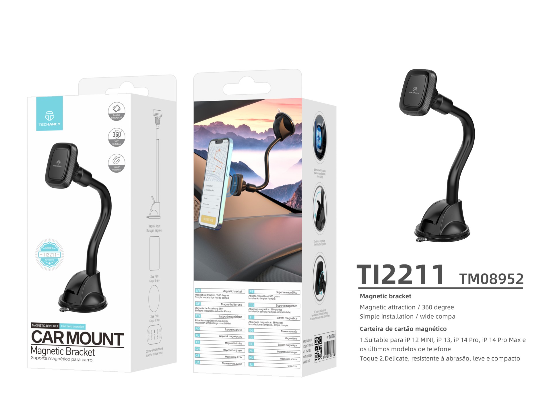 Techancy Magnetic Car Phone Holder Black Ti2211, Strong Magnetic Adsorption, 360 Degree Rotation. Ea