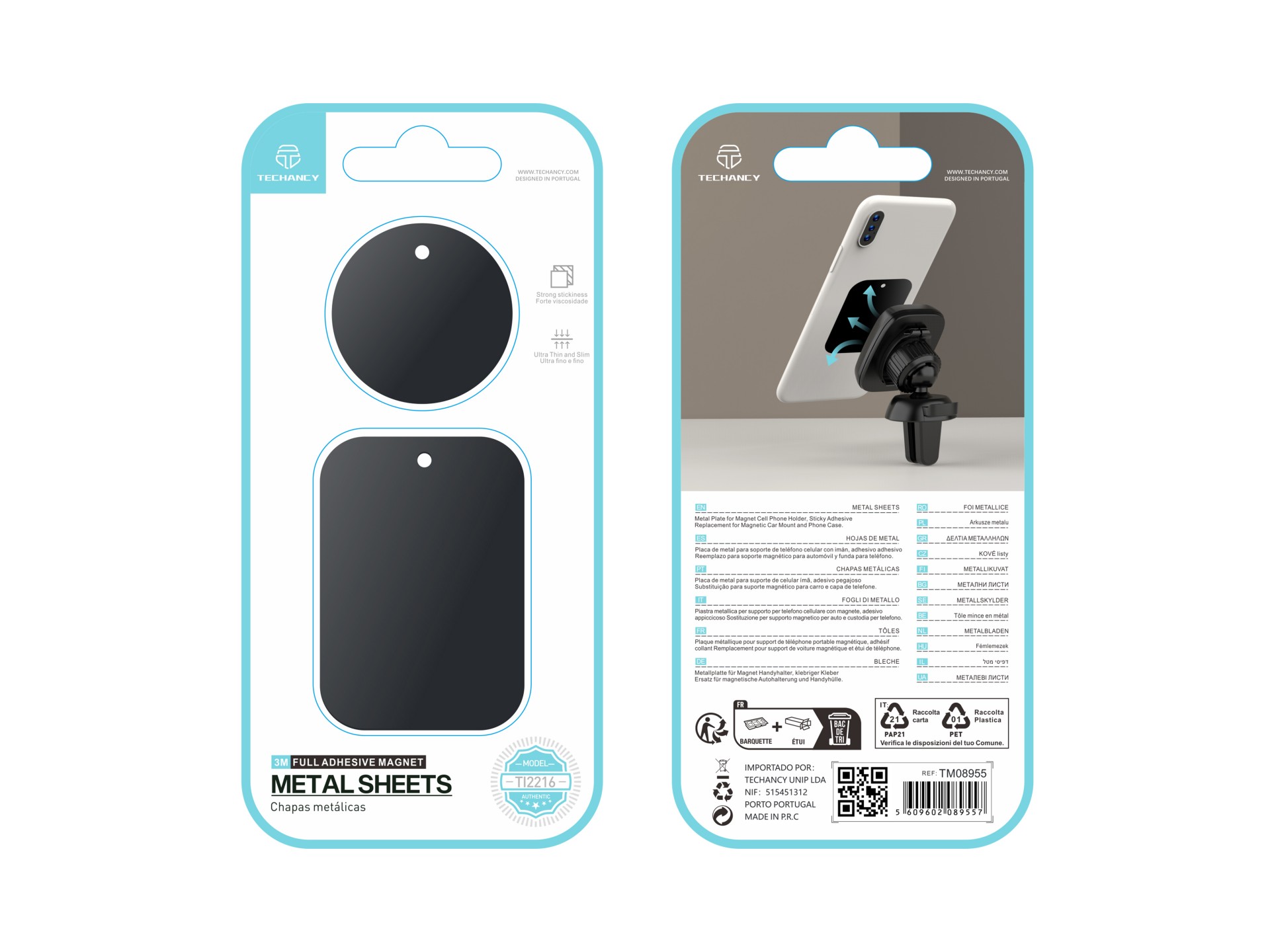 Techancy Adesivo Metálico Para Telemóveis Ti2216 Preto Para Suportes Magnéticos De Telemóveis E Capa