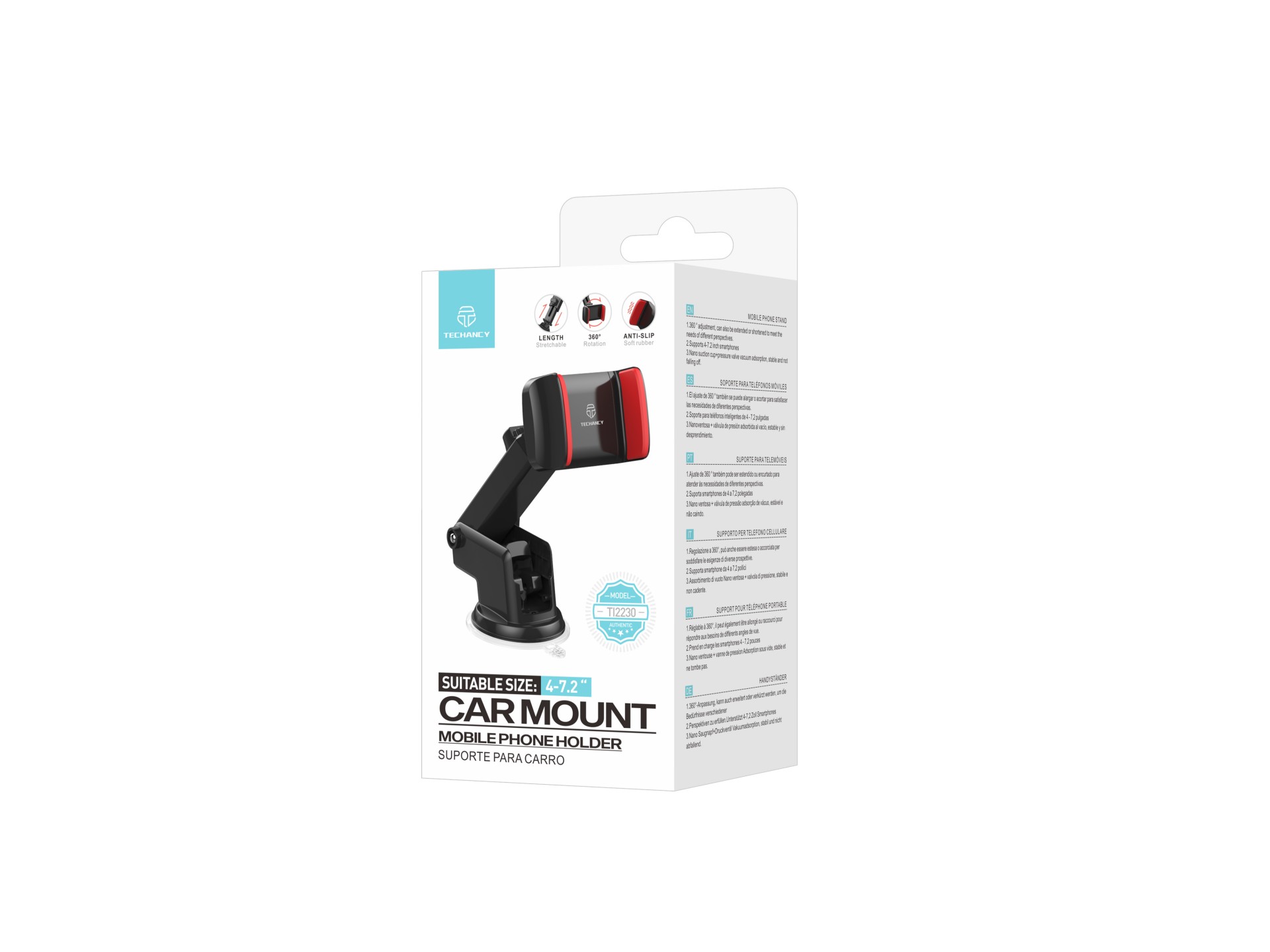 Techancy Car Phone Holder Black+Red Ti2230, Retractable Stand, Non-Slip Suction Cup, 4-7.2 Inches