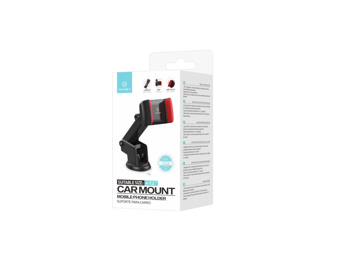 Techancy Car Phone Holder Black+Red Ti2230, Retractable Stand, Non-Slip Suction Cup, 4-7.2 Inches