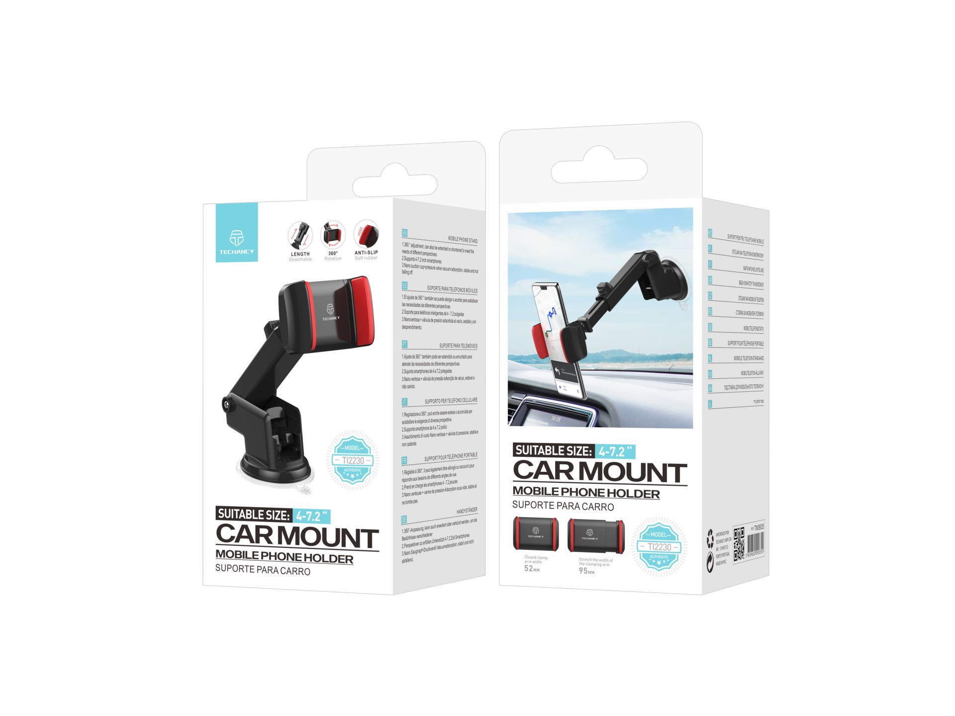 Techancy Car Phone Holder Black+Red Ti2230, Retractable Stand, Non-Slip Suction Cup, 4-7.2 Inches
