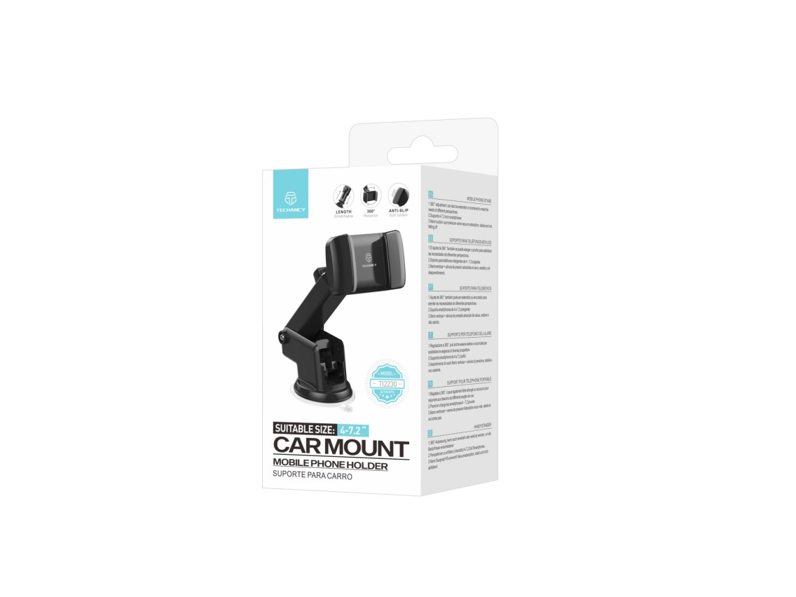 Techancy Car Phone Holder Black+Gray Ti2230, Retractable Stand, Non-Slip Suction Cup, 4-7.2 Inches